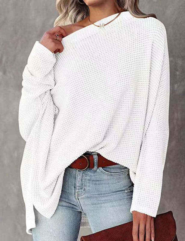 White Waffle Oblique Shoulder Long Sleeve Tops