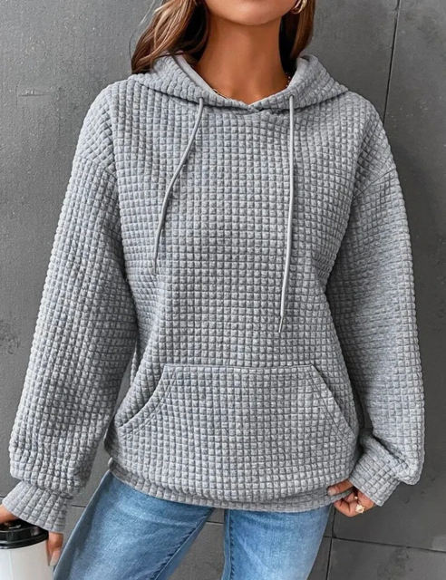 Gray Solid Color Drawstring Long Sleeve Hoodie