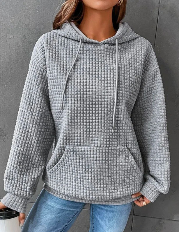 Gray Solid Color Drawstring Long Sleeve Hoodie