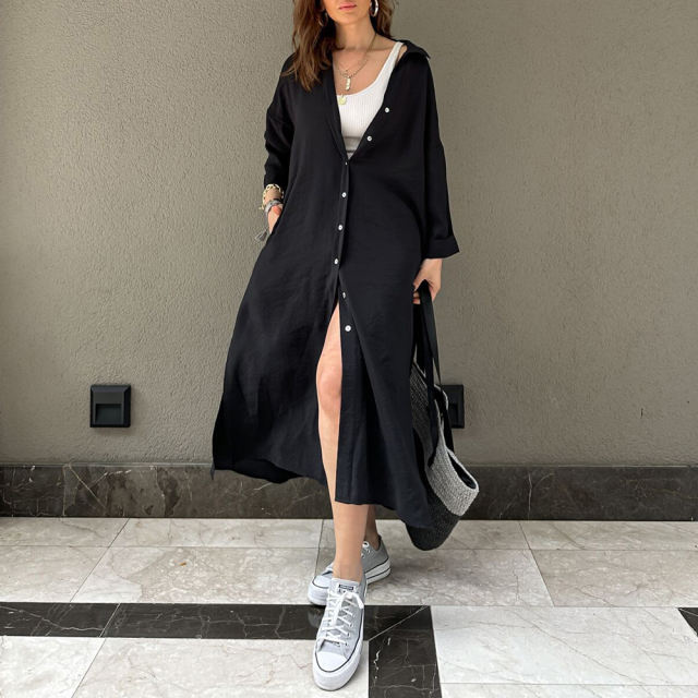 Black Button-up Pocket Shirt Dress with Slit