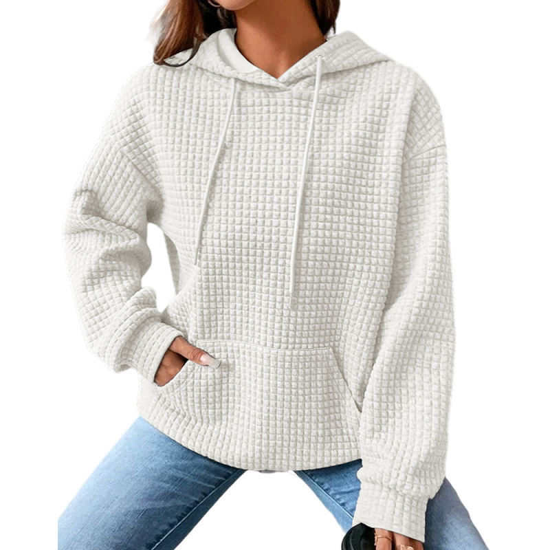 White Solid Color Drawstring Long Sleeve Hoodie