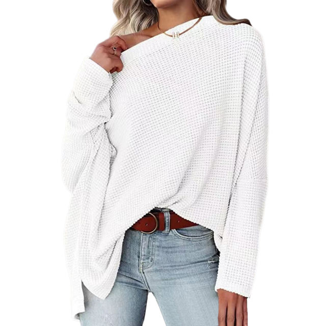 White Waffle Oblique Shoulder Long Sleeve Tops