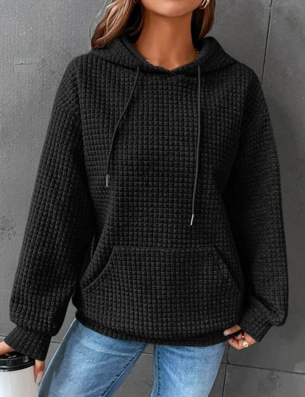 Black Solid Color Drawstring Long Sleeve Hoodie