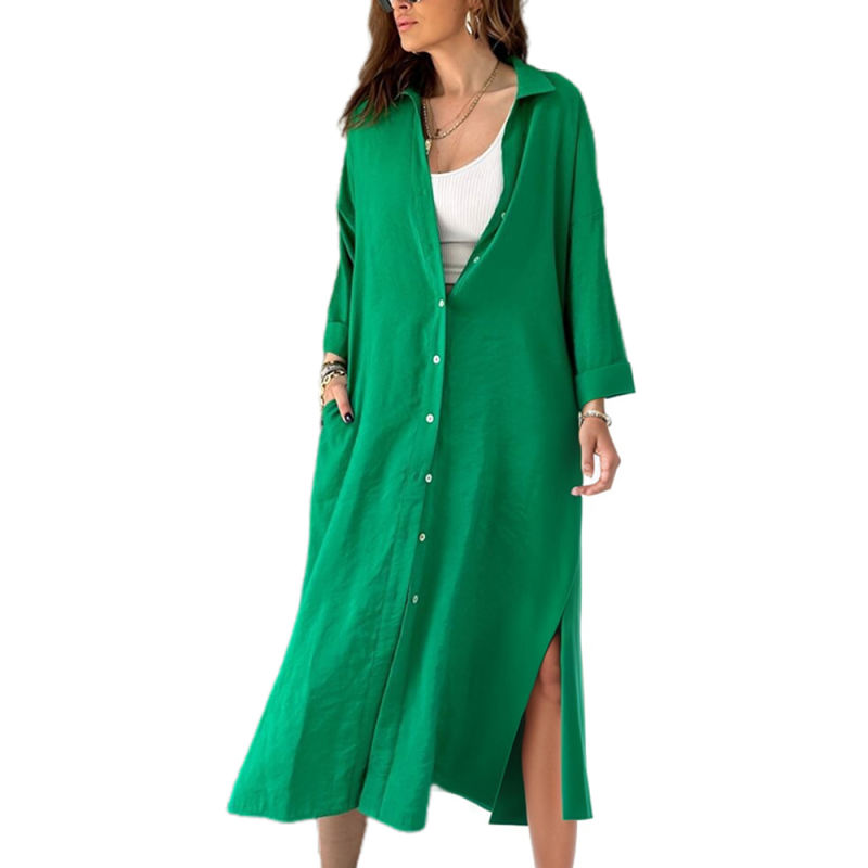 Green Button-up Pocket Shirt Dress with Slit
