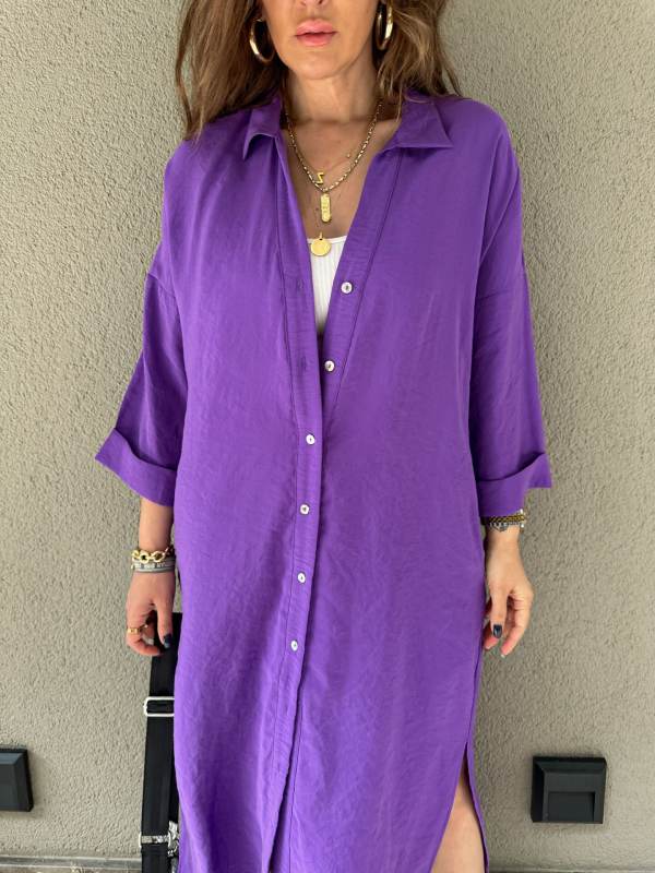Purple Button-up Pocket Shirt Dress with Slit