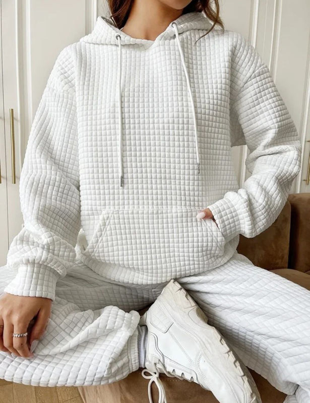 White Solid Color Drawstring Long Sleeve Hoodie