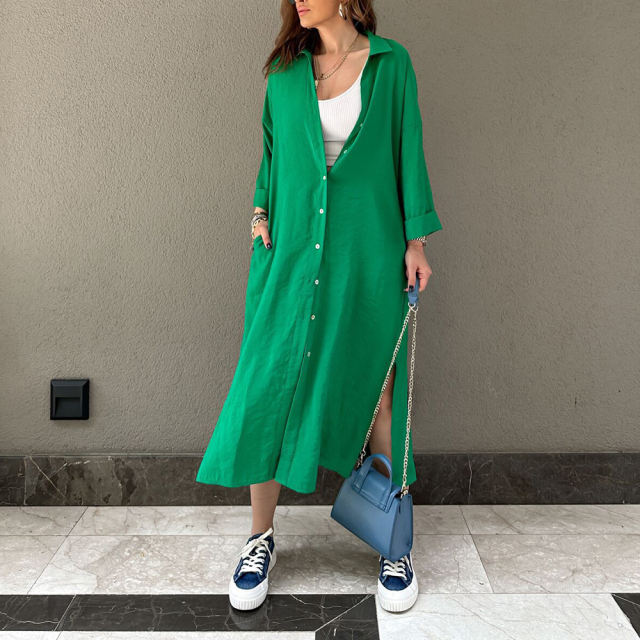 Green Button-up Pocket Shirt Dress with Slit