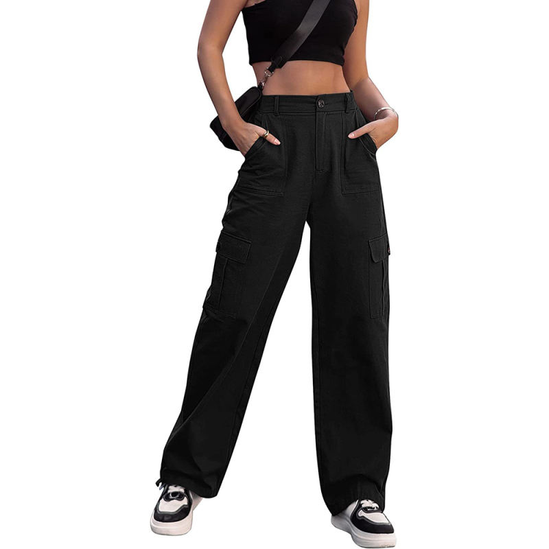 Black Button Pocketed Casual Cargo Pants