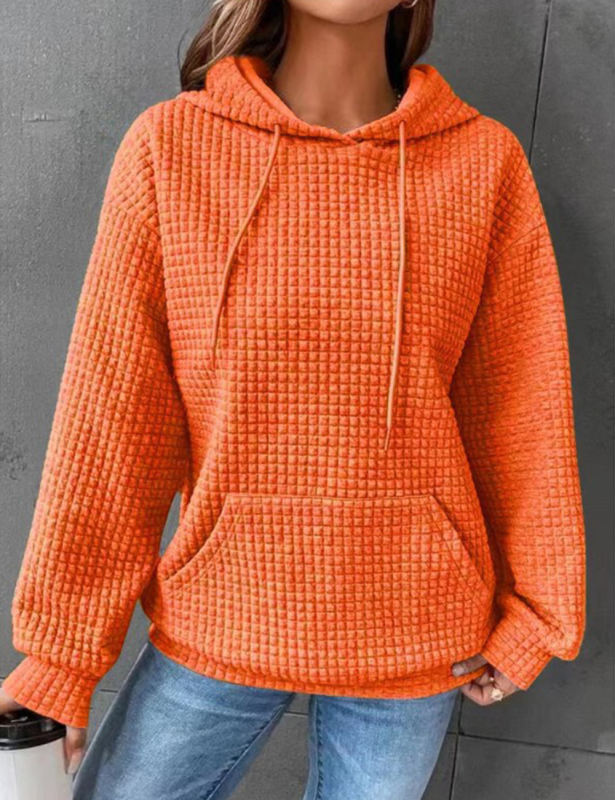 Orange Solid Color Drawstring Long Sleeve Hoodie