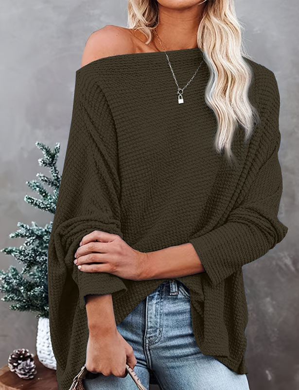 Army Green Waffle Oblique Shoulder Long Sleeve Tops