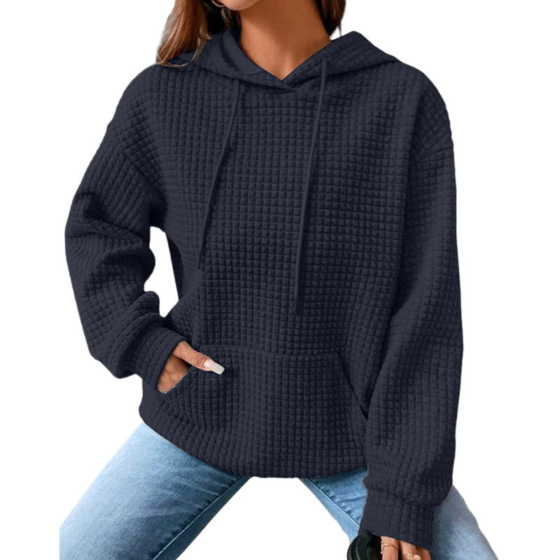 Navy Blue Solid Color Drawstring Long Sleeve Hoodie