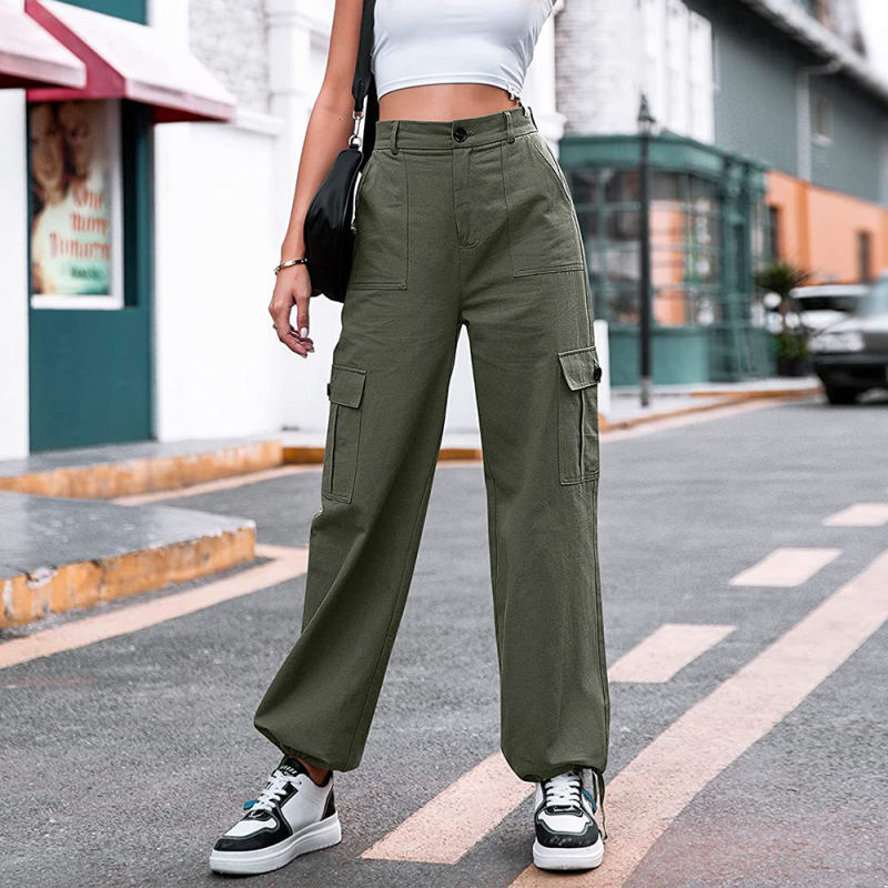 Green Button Pocketed Casual Cargo Pants