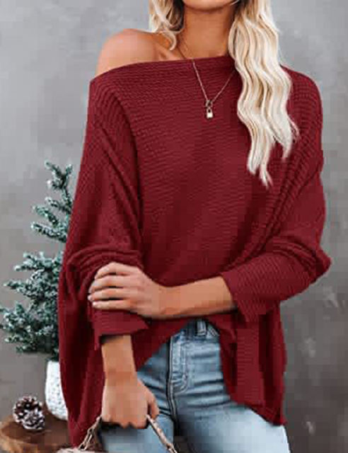Wine Red Waffle Oblique Shoulder Long Sleeve Tops
