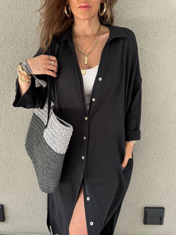 Black Button-up Pocket Shirt Dress with Slit