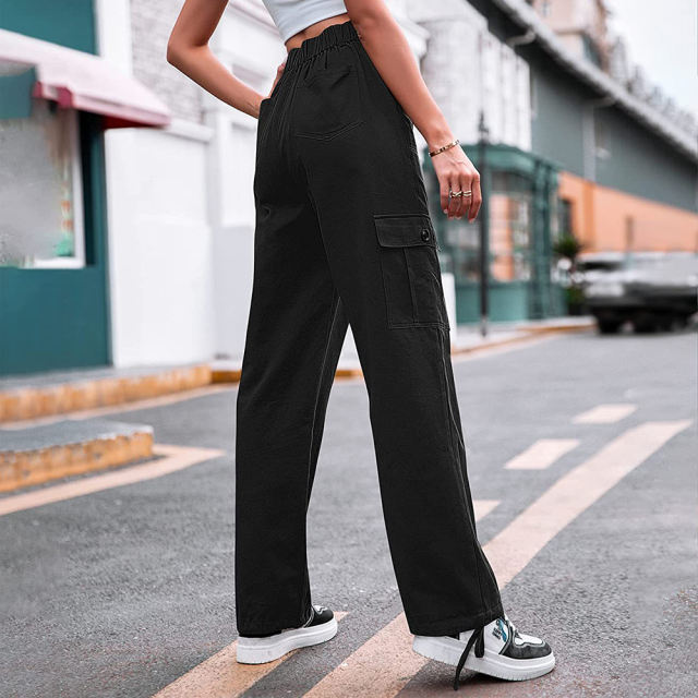 Black Button Pocketed Casual Cargo Pants
