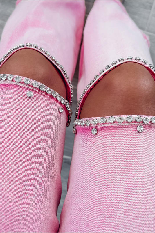 Pink High Waist Rhinestone Cutout Wide Leg Jeans