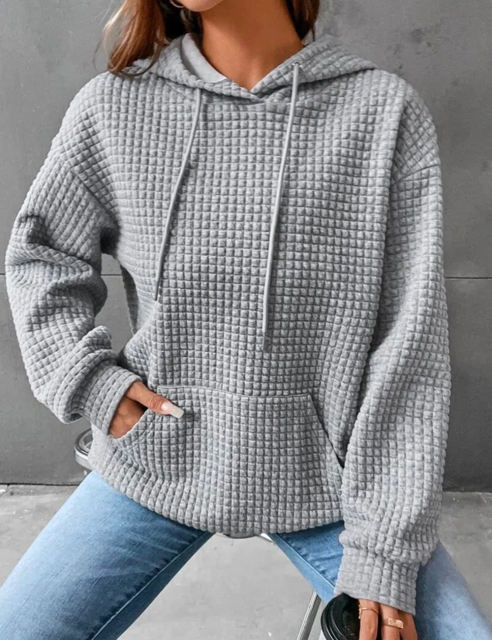 Gray Solid Color Drawstring Long Sleeve Hoodie