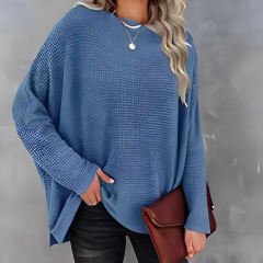 Blue Waffle Oblique Shoulder Long Sleeve Tops