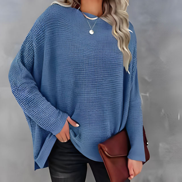Blue Waffle Oblique Shoulder Long Sleeve Tops