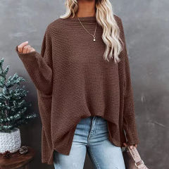Light Brown Waffle Oblique Shoulder Long Sleeve Tops