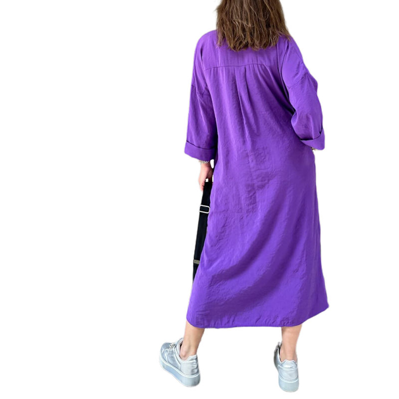 Purple Button-up Pocket Shirt Dress with Slit
