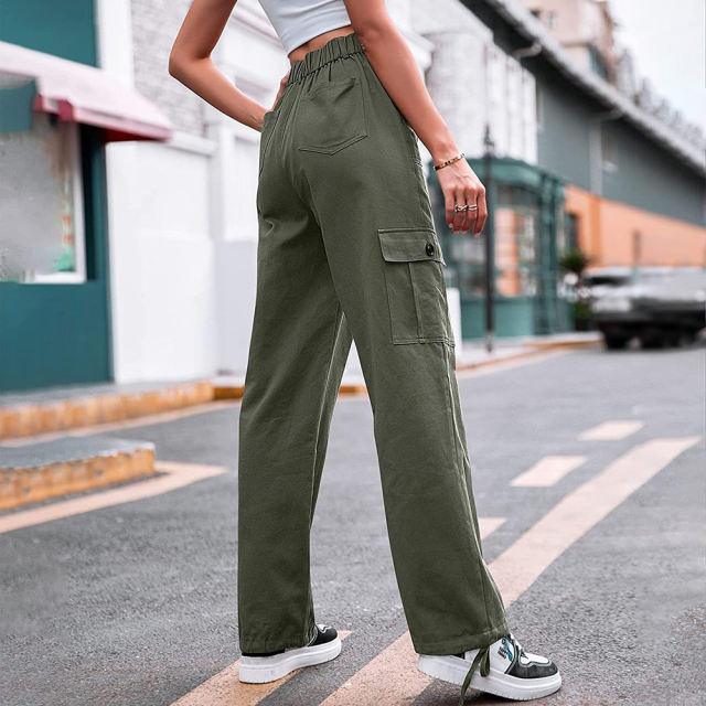 Green Button Pocketed Casual Cargo Pants