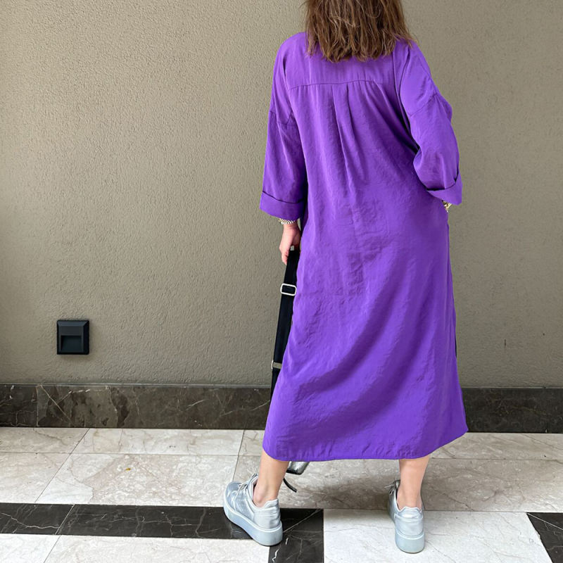 Purple Button-up Pocket Shirt Dress with Slit