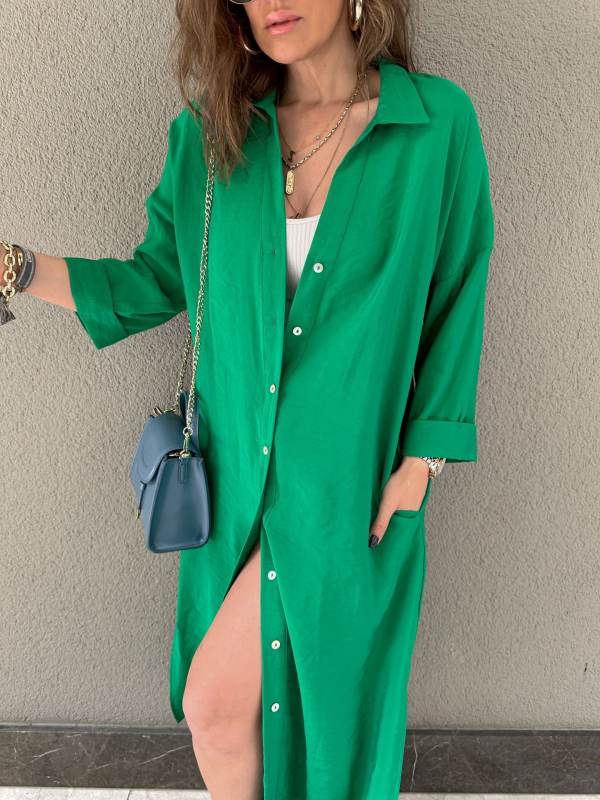Green Button-up Pocket Shirt Dress with Slit