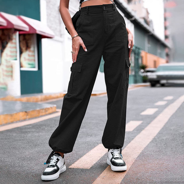 Black Button Pocketed Casual Cargo Pants