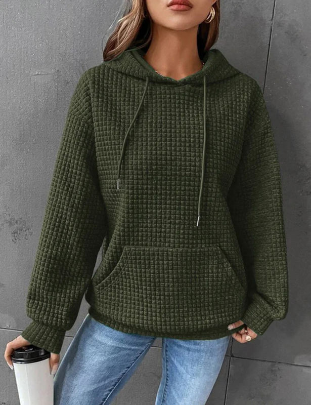Army Green Solid Color Drawstring Long Sleeve Hoodie
