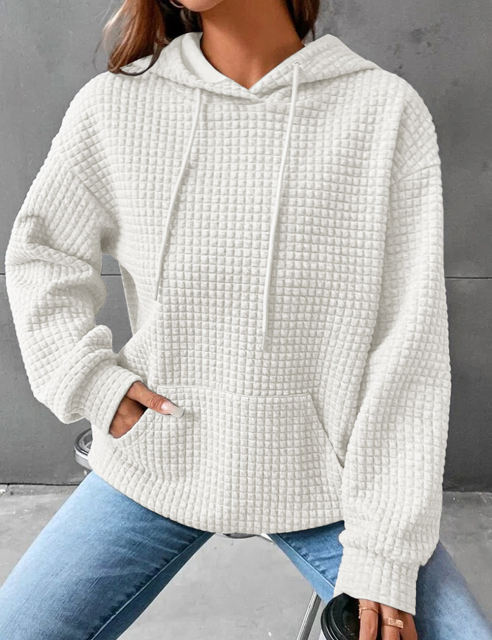 White Solid Color Drawstring Long Sleeve Hoodie