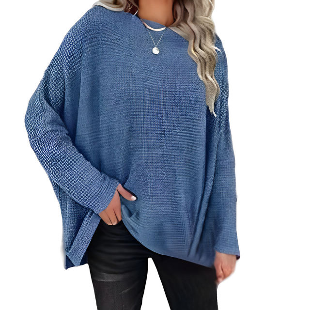 Blue Waffle Oblique Shoulder Long Sleeve Tops