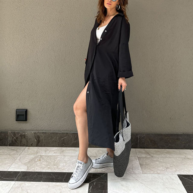 Black Button-up Pocket Shirt Dress with Slit