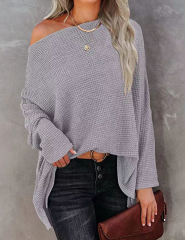Light Gray Waffle Oblique Shoulder Long Sleeve Tops