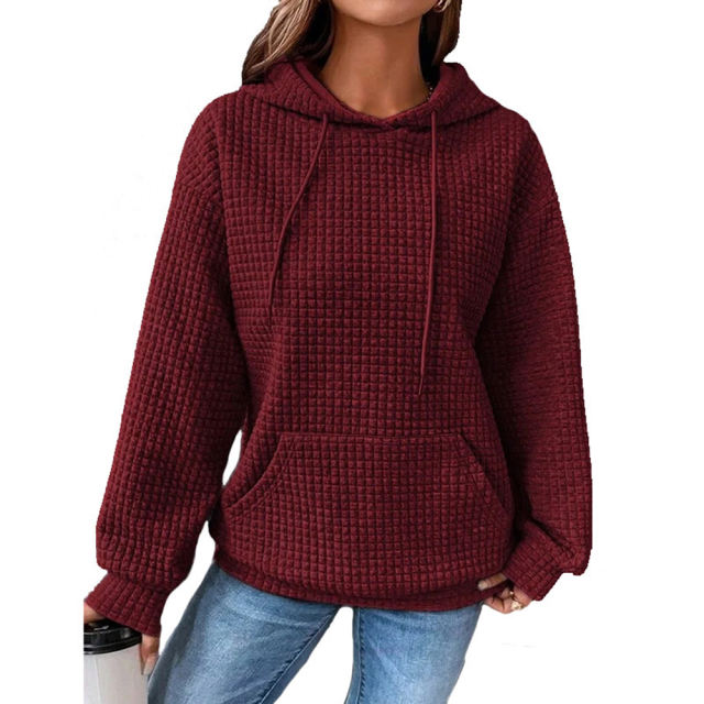 Wine Red Solid Color Drawstring Long Sleeve Hoodie