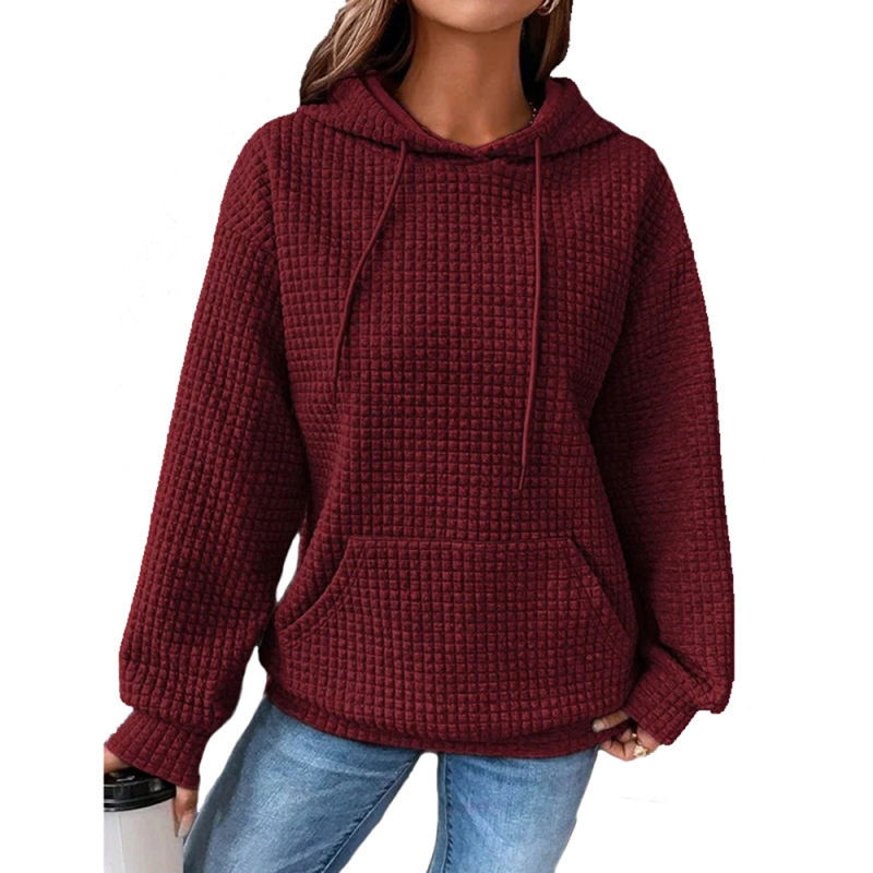 Wine Red Solid Color Drawstring Long Sleeve Hoodie