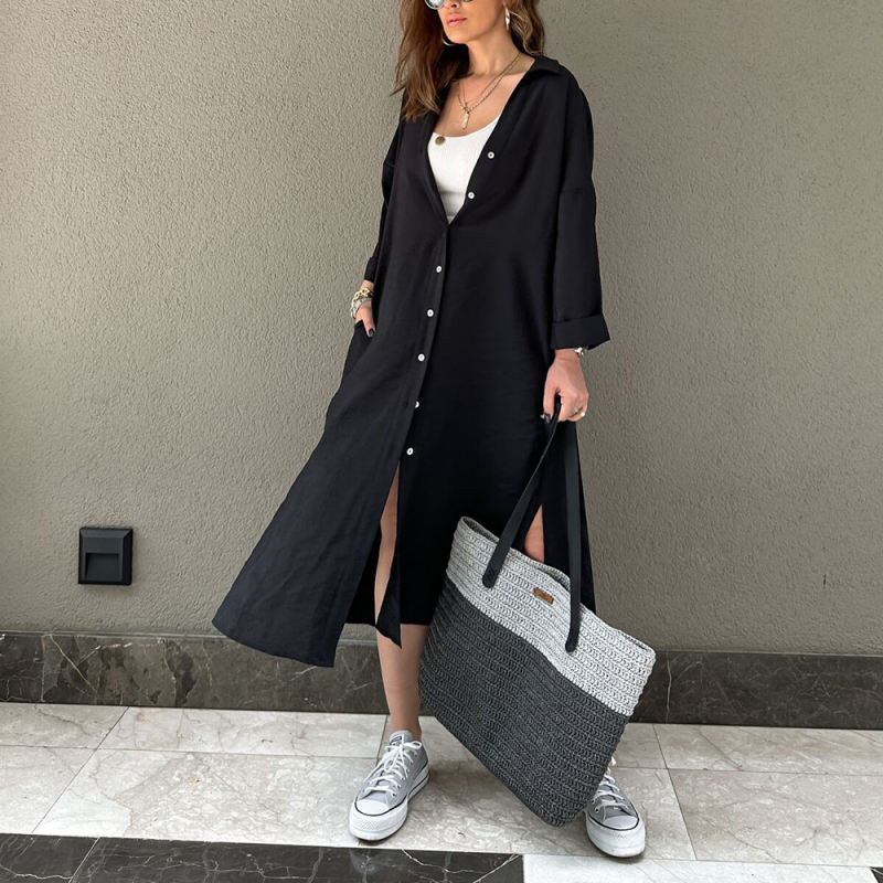 Black Button-up Pocket Shirt Dress with Slit