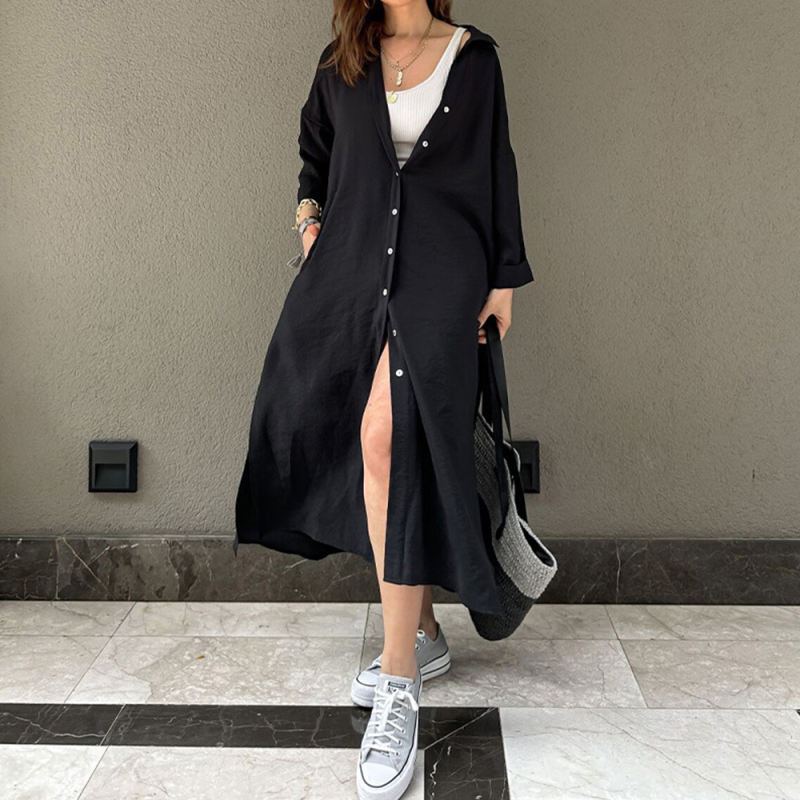 Black Button-up Pocket Shirt Dress with Slit