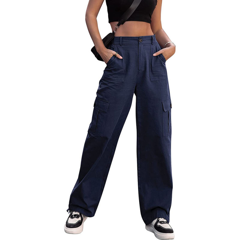 Navy Blue Button Pocketed Casual Cargo Pants