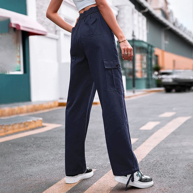 Navy Blue Button Pocketed Casual Cargo Pants