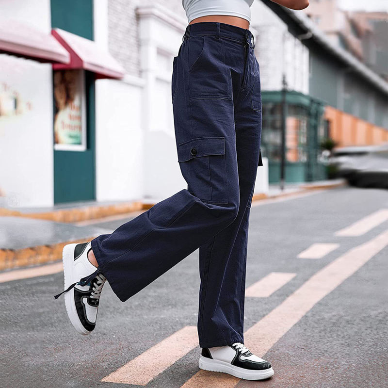 Navy Blue Button Pocketed Casual Cargo Pants