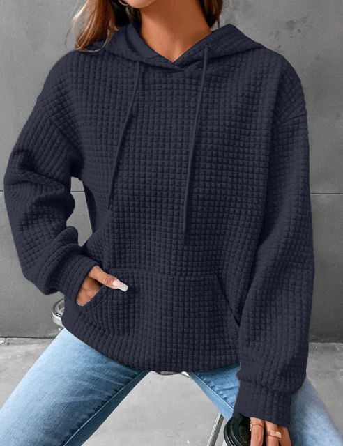 Navy Blue Solid Color Drawstring Long Sleeve Hoodie