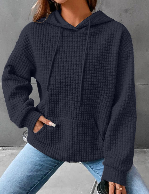 Navy Blue Solid Color Drawstring Long Sleeve Hoodie