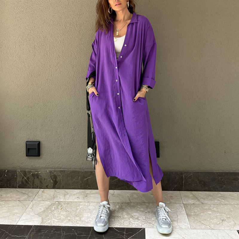 Purple Button-up Pocket Shirt Dress with Slit