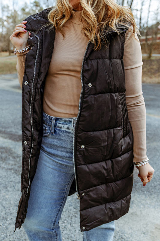 Black Button Zipper Hooded Plus Size Puffer Vest
