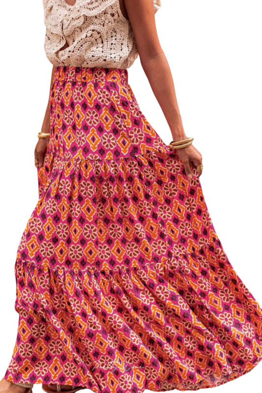 Rose Vintage Boho Floral Print Tiered Maxi Skirt