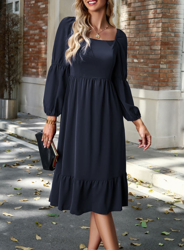 Navy Blue Back Pleated Square Neck Long Sleeve