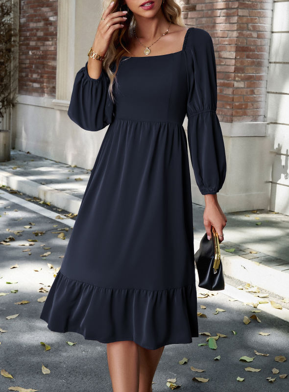 Navy Blue Back Pleated Square Neck Long Sleeve