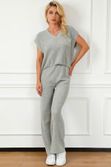 Gray Knitted V Neck Sweater and Casual Pants Set