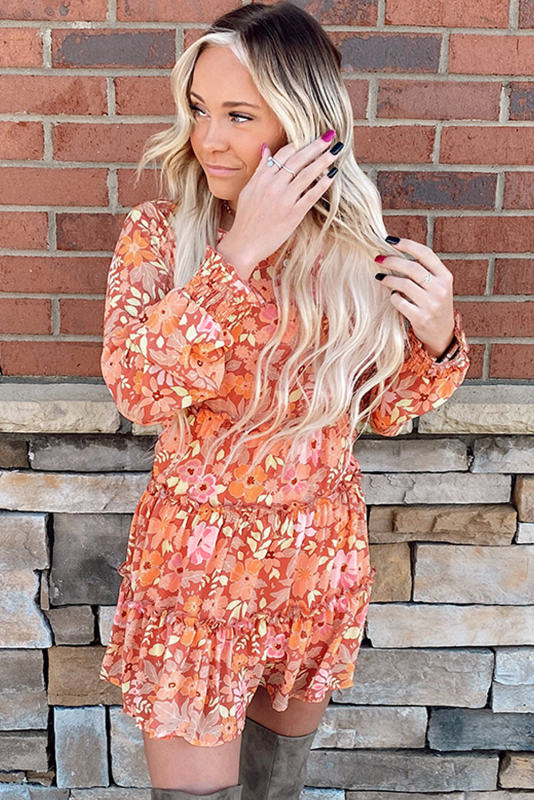 Printed Floral Long Sleeve Frill Tiered Mini Dress
